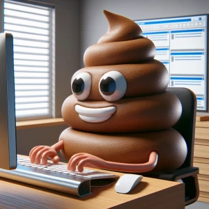 Create an illustration of an anthropomorphic poop sitting at a d...