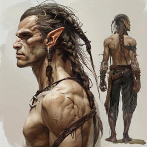 A realistic half elf. He is big and strong and lumbering. He has...