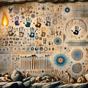 Cave Art with Handprints symbols for fire, water and air, macro, circuitry, cellular structures, DNA paint brushes and art pallets small birds, flying cardiogram print out slide detector print electromagnetic fields linear grid golden ratio