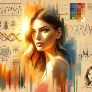 Abstract, minimalist, painting, with pencil line, paint stroke, gestures, colorful marks, mathematical equations, electrical cardiogram, printouts complex math formulas, dna asian teen girl