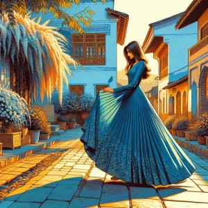 A young woman wearing a finely detailed blue dress, walking along a cobblestone path in a quiet village. Her dress flows gracefully as she moves, and the scene is illuminated by the golden hues of a setting sun, casting long shadows across the quaint, flower-filled square