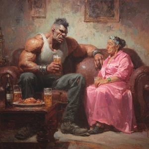 Realism,a muscular   criminal man sitting drinking beer with  hi...