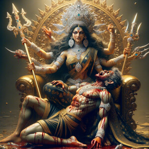 portrait of angry looking goddess durga sitting on a gold crown and carrying a weak mahishasur on her lap and stabbing him with her amazingly designed trident. She is wearing a huge diamond crown, black saree, abundant diamond jewelry, covered in blood. The scene is set in ancient India. The image is 8K resolution, photograph, cinematic, ultra detailed face and epic.