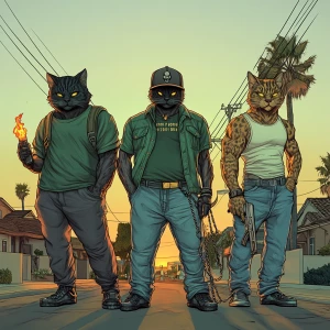 Three humanoid cats standing on a suburban street. The cat on th...