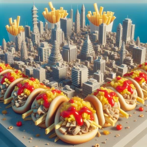 Generate an 8K UHD hyper-realistic 3D rendering of a cityscape c...