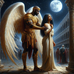 Create an oil painting image featuring a male angel and a grievi...