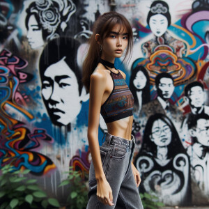 Very thin Athletic Thin skinny Attractive, Asian teenage girl, long brown hair and bangs, wearing tight skinny jeans and a halter top paint marks on her clothing, heroic sideways pose Asian graffiti background