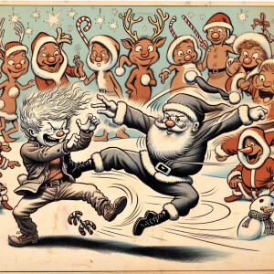 Santa “Kung fu fighting “ doing a kung fu move on Jack Frost , w...