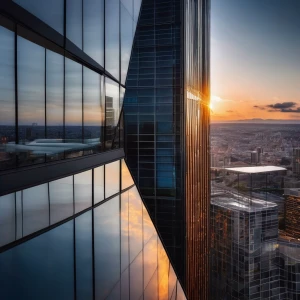 A sleek glass and steel skyscraper reflecting the sunset.