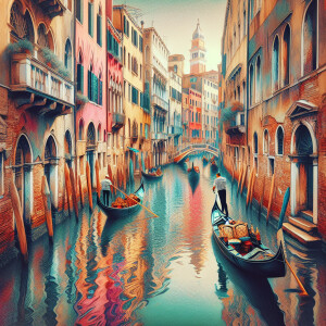 A stylized illustration of Venice with gondolas and canals.