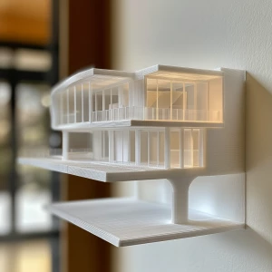 3D printed scale model of a modern house being displayed as art on a wall