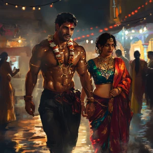 A muscular Gujarati man with glistening sweat on his body, accom...