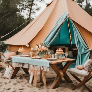 Plan a beach-themed girls' glamping birthday celebration, complete with a large bell tent festooned with ocean-inspired decor and cheerful birthday accents. Set up this luxurious camping experience on a scenic farm, ensuring the inclusion of a comfortable lounge area and a fire pit for guests to unwind by in the evening.