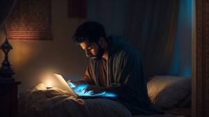 A realistic image of a 23-year-old Muslim man sitting on his bed...