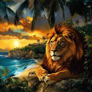 Lion in a picture with a Jamaican backdrop and style