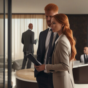A photorealistic image. A long ginger haired female checking int...