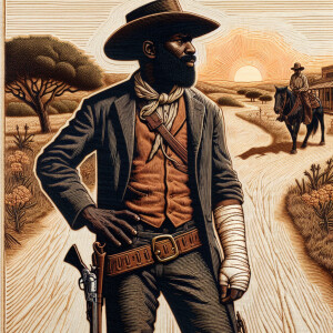 An old west cowboy standing in the middle of the road, in the m...