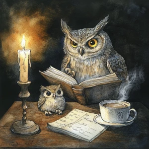 Owl reading a book by the light of a candle with a stack of old antique books next to him on a table. A quil pen is in an ink pot on the table. a cup of coffee is next to him on the table as well as an owlet looking up at him. Watercolor with pencil outlines. Focus on the owls.