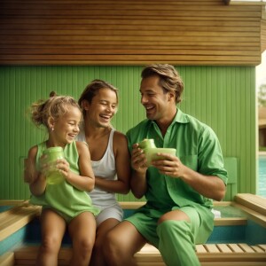 dad, mom, boy, girl are having fun in the sauna. they are smilin...