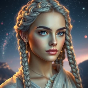 A photorealistic portrait of a woman with shimmering silver hair...