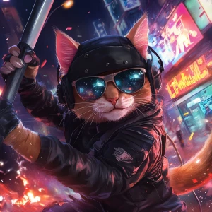 A wide-eyed ginger cat wearing a black tactical balaclava and mi...