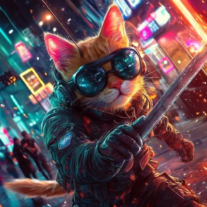 A wide-eyed ginger cat wearing a black tactical balaclava and mi...