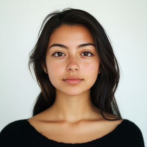A 19-year-old Mexican American woman with a clean face, looking...