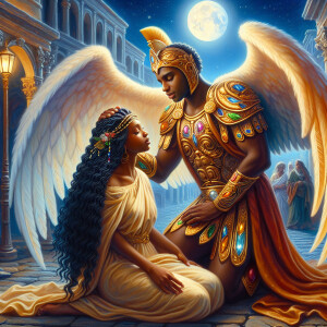 Create an oil painting image featuring a male angel and a grievi...