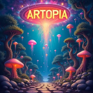 A hyper-detailed psychedelic vertical landscape of a surreal, mi...