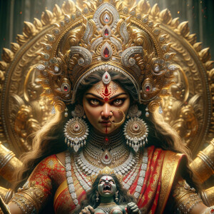 portrait of angry looking goddess durga, sitting on a gold crown and carrying a weak mahishasur on her lap. She is wearing diamond armor, a huge diamond crown, red saree, abundant diamond jewelry, covered in blood. The scene is set in ancient India. The image is 8K resolution, cinematic, ultra detailed face and epic.