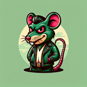 An evil cartoonish green  rat with bulging eyes, wearong leather...
