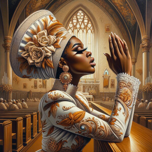 Render an airbrush oil painting of an African American woman with flawless makeup
kneeling at a church altar, her hands raised in a gesture of surrender to God. She's
dressed in stylish Sunday Best attire, with a particular focus on the delicate details of
her Church Hat. The background features a beautifully painted church interior, with the
oil paint texture enhancing the sacred atmosphere. The artwork should capture the
woman's devout expression, the elegance of her attire, and the spiritual ambiance of
the church setting, reflecting a moment of deep faith and devotion.