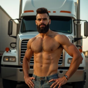Create an image of aneikehairy trucker who is confidently showin...
