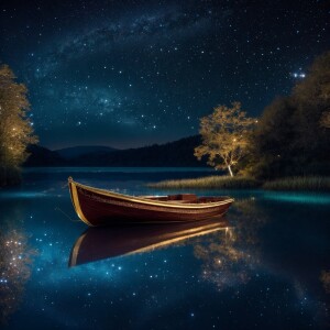 A gleaming skiff adorned with sparkling stars and shimmering sil...
