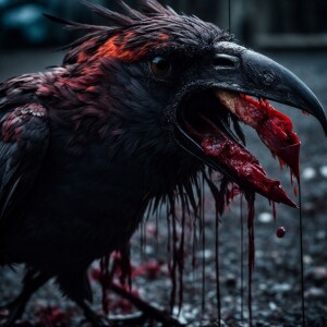 A grotesque zombie crow-like creature with razor-sharp fangs, bl...