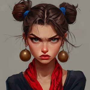 a girl with brown hair, thick eyebrows, pumped up lips, a potato...