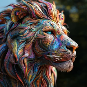 Create a 3D-rendered 8k UHD image of a lion with an extremely detailed, oversized psychedelic mane, incorporating vibrant colors and intricate patterns to emphasize a professional level of detail.