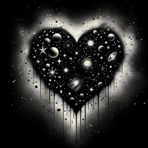Black background, heart filled with black starry shaped celestia...