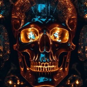 A translucent alien skull made of shimmering crystals, adorned w...
