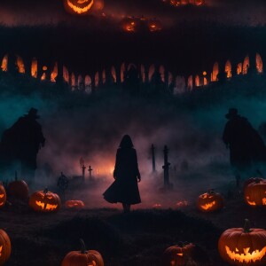 Zombie hands and arms burst through the fog-covered cemetery gro...