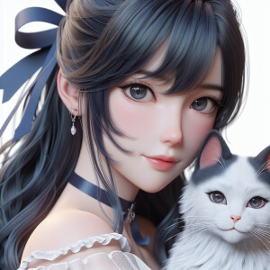 Realistic anime woman with dark blue hair and dark brown eyes. S...