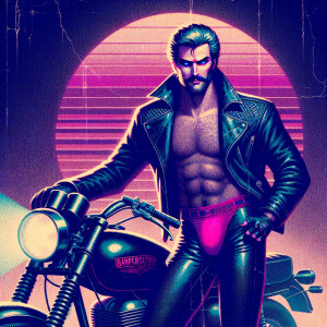 70’s Vintage adult film inspired Masculine and ruggedly handsome daddy wearing only a black leather jacket and a neon pink jockstrap. Toned physique but not overly muscular with average body hair posing with a classic style black motorcycle. Vaporwave mood and aesthetic