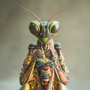 Design a hyper-realistic 3D rendering of an anthropomorphic pray...