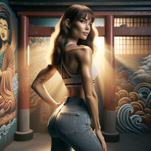 Athletic Thin skinny Attractive, Asian teenage girl, long brown hair and bangs, wearing tight skinny jeans and a halter top paint marks on her clothing, heroic pose Asian graffiti background, backside view