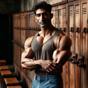 A confident, muscular man stands prominently, his robust build a...