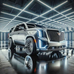 2023 silver Cadillac escalade, chrome rims, HDR, masterpiece, ul...