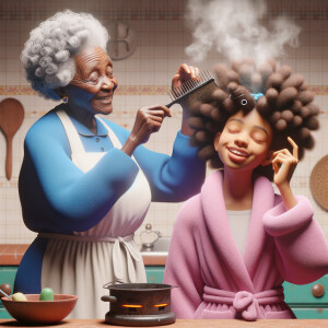 Create a realistic 3-D image of an african-American grandmother wearing a blue house dress and a white apron . She is in the kitchen with her african-American granddaughter. Her granddaughter is wearing a pink bath robe. The grandmother has a hot comb in her hand and she is straightening her granddaughters hair. One side of her granddaughters hair is in  a Afro the other straight 
There is smoke coming from the hot comb
The granddaughter is holding her ear and making a funny face