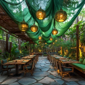 Tropical forest and  stone indoor outdoor restaurant with huge g...