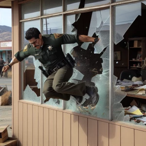 A deputy sheriff getting thrown out a window