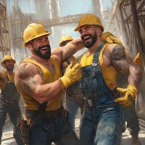depicts a group of muscular, tattooed construction workers havin...